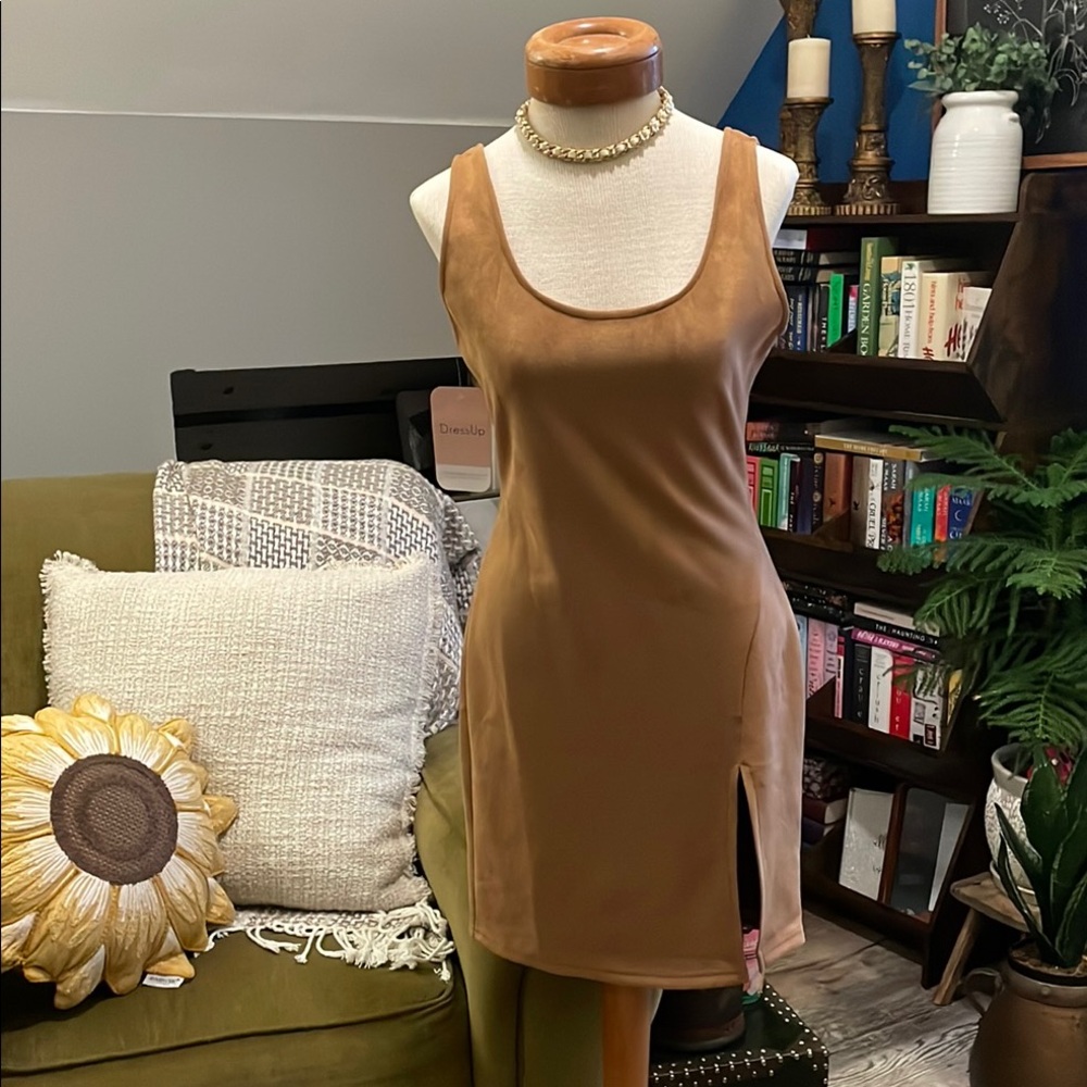 Dress up suede tan dress with side slit nwt